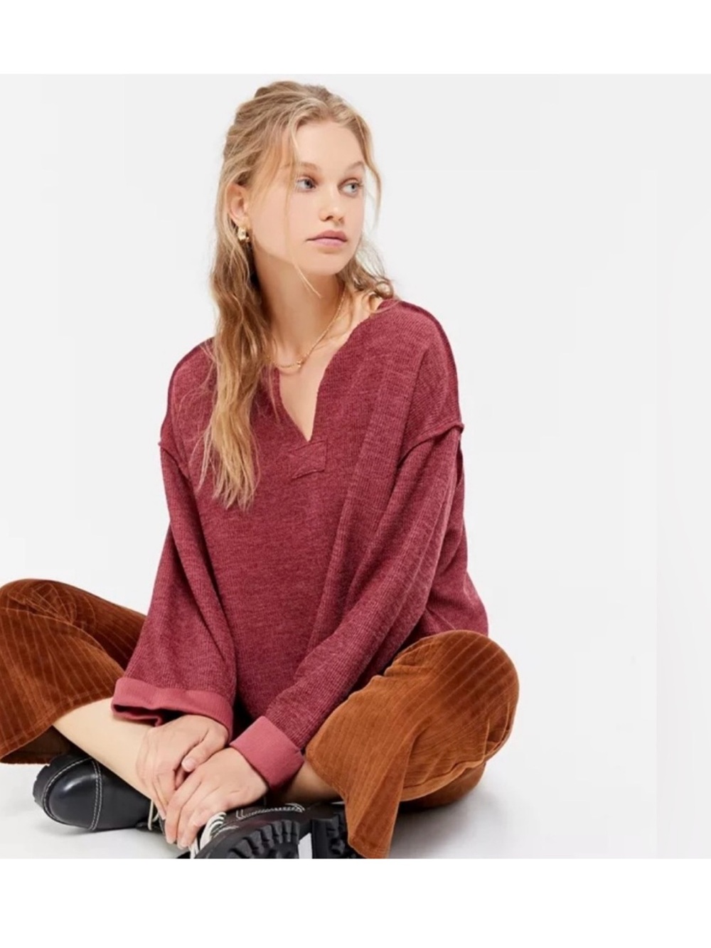 Urban Outfitters Jax Inside Out Notch Neck Boxy Knit Top Red S Ribbed Oversized